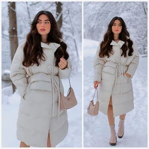 Mango Padded Coat Belted With Pouch Ecru New